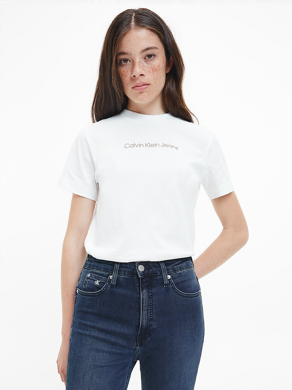 BRIGHT WHITE / PERFECT TAUPE T-Shirt In Cotone Biologico Con Logo undefined donna Calvin Klein