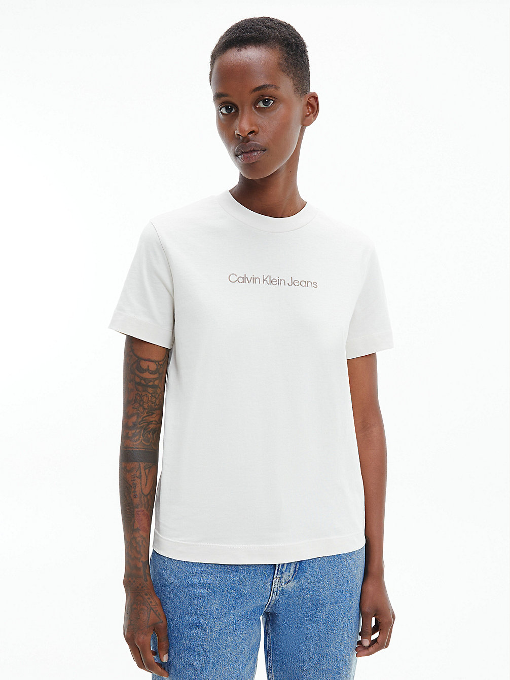 EGGSHELL / PERFECT TAUPE T-Shirt In Cotone Biologico Con Logo undefined donna Calvin Klein