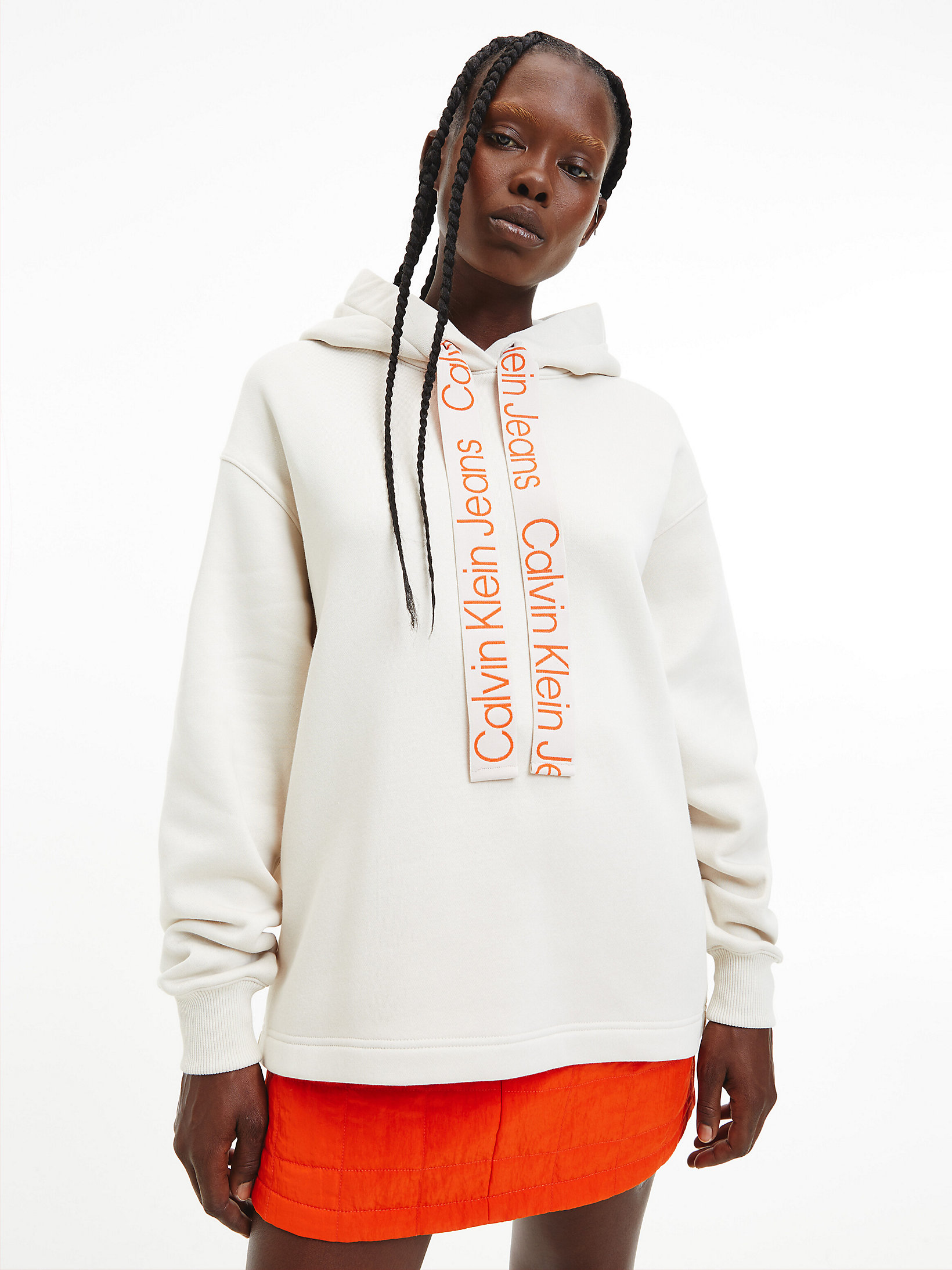 Eggshell/ Coral Orange Oversized Logo Tape Hoodie undefined women Calvin Klein