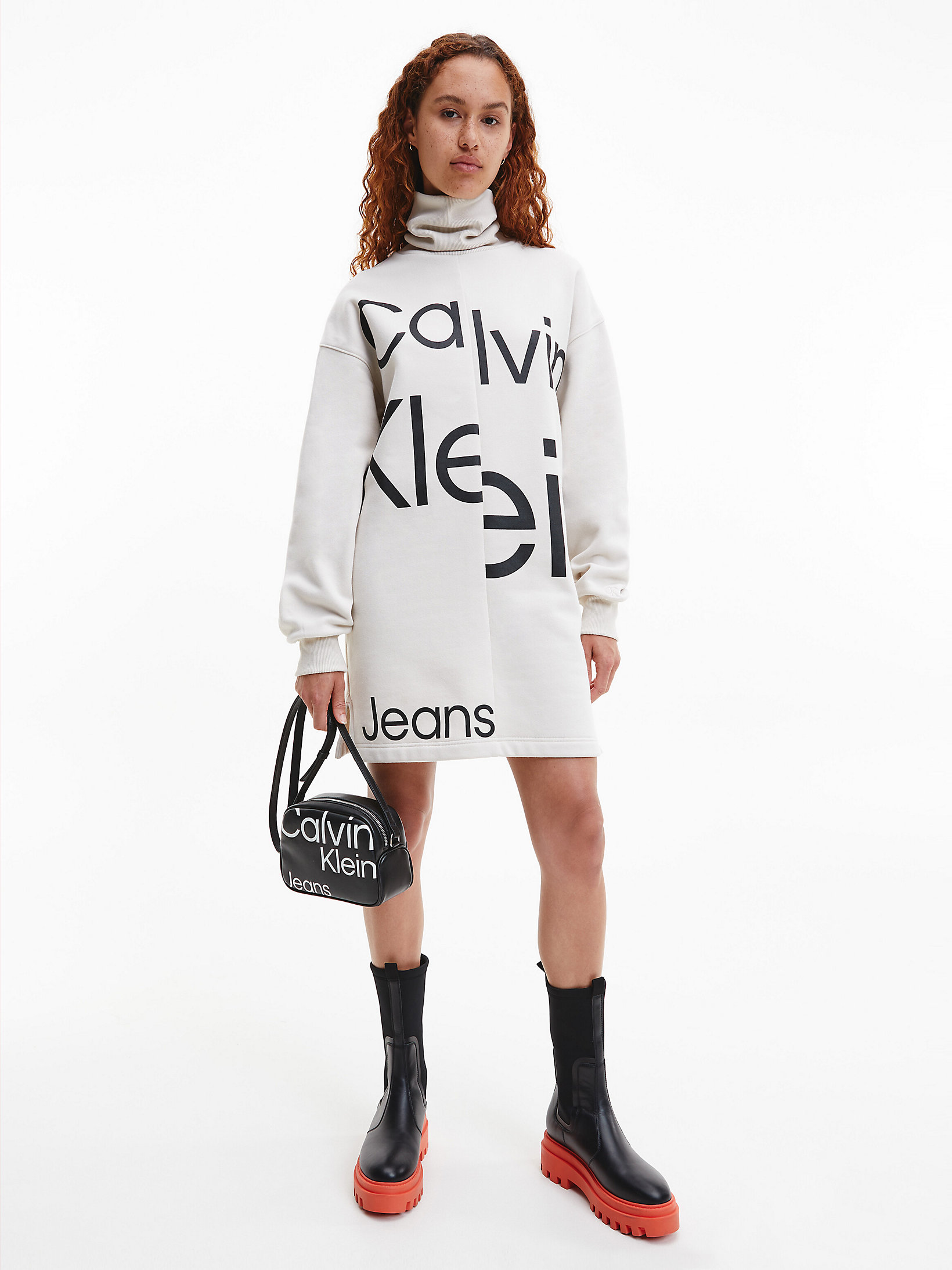 Eggshell / CK Black Logo Sweatshirt Dress undefined women Calvin Klein