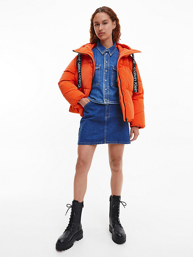 CORAL ORANGE Soft Touch Logo Tape Puffer Jacket for women CALVIN KLEIN JEANS