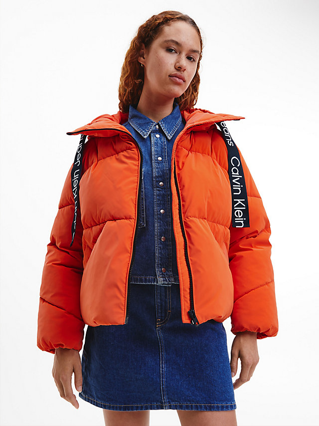 Coral Orange Soft Touch Logo Tape Puffer Jacket undefined women Calvin Klein