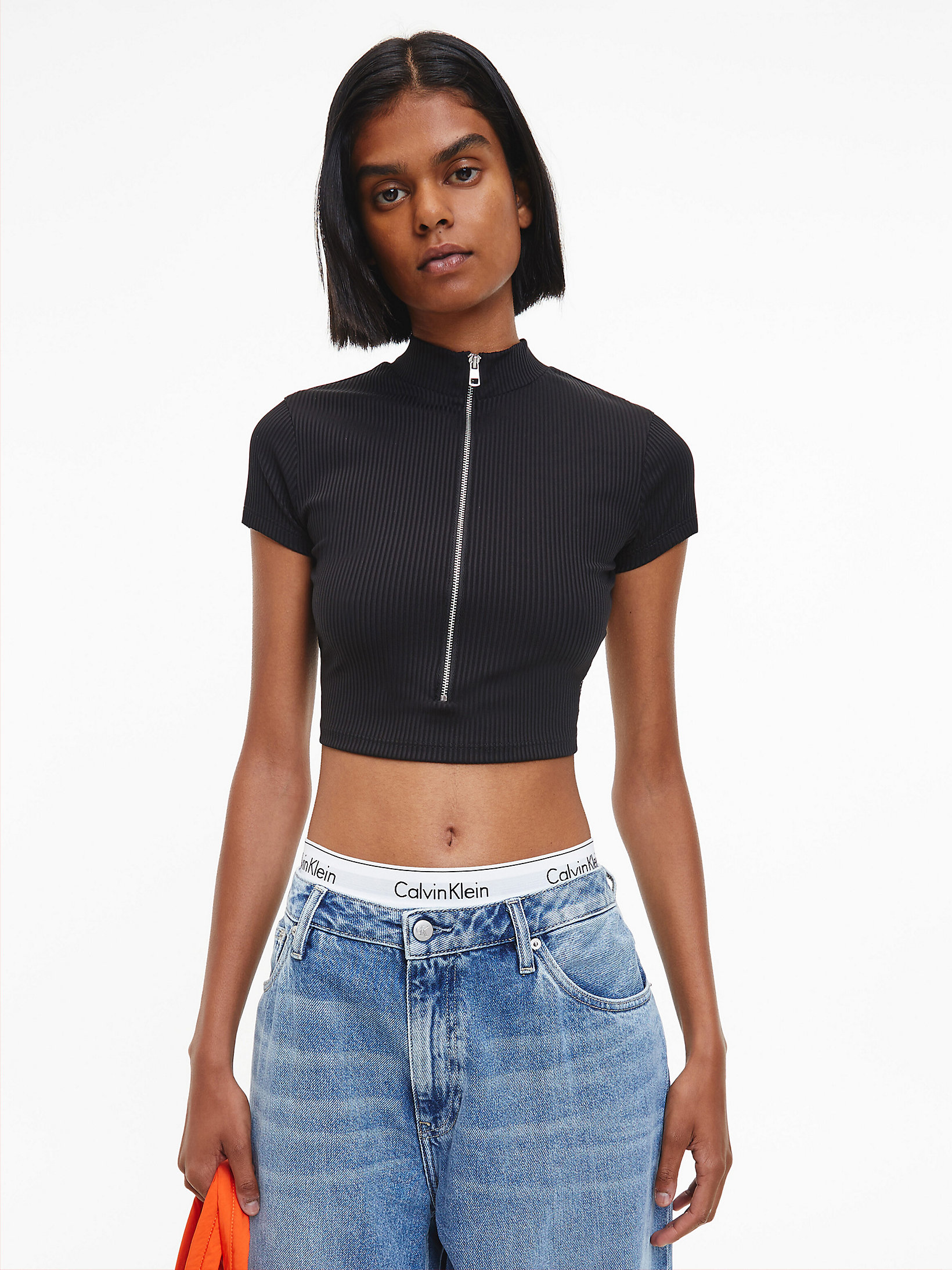 CK Black Recycled Short Sleeve Zip Up Top undefined women Calvin Klein
