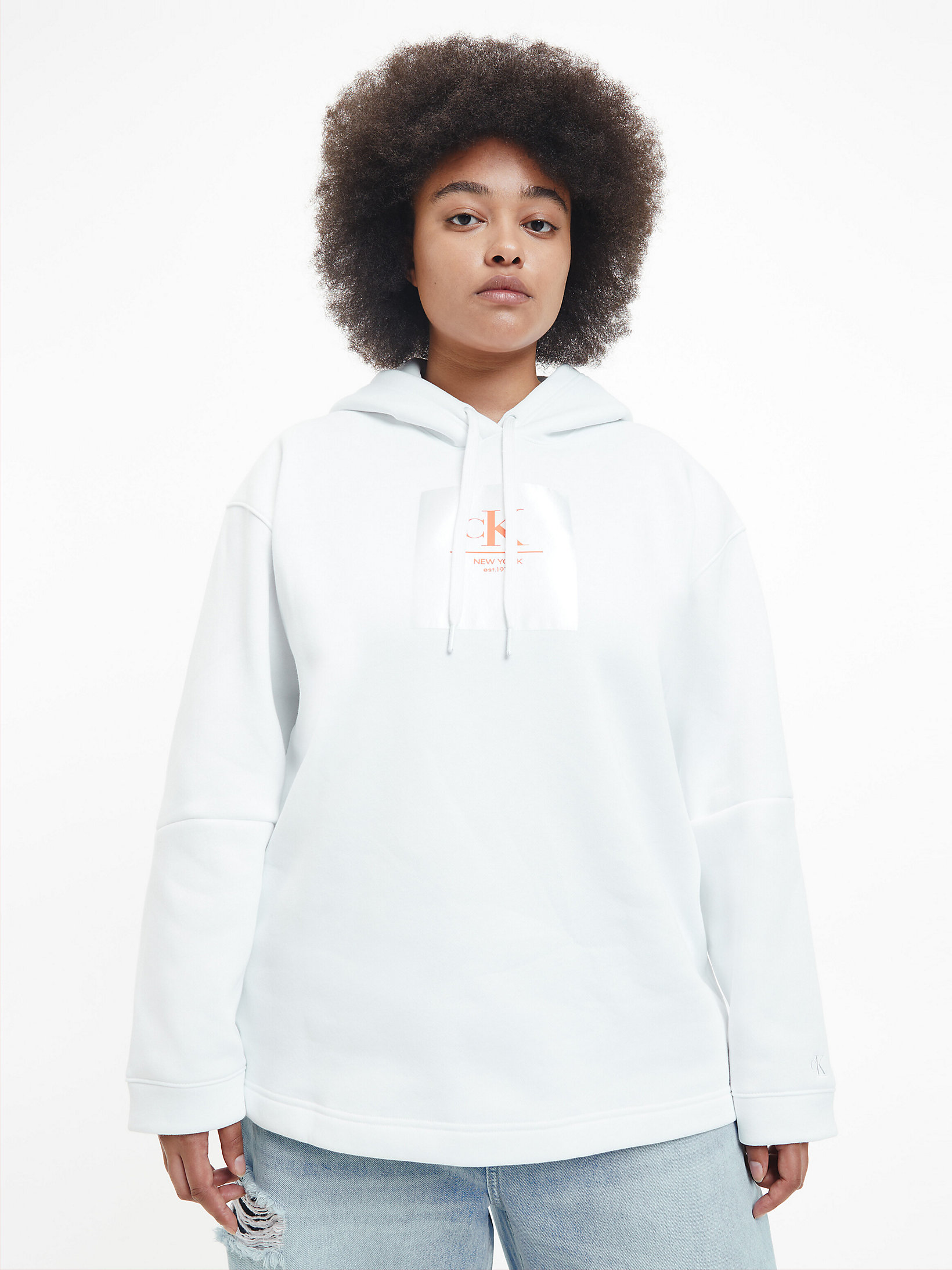 Bright White/coral Orange Plus Size Logo Hoodie undefined women Calvin Klein