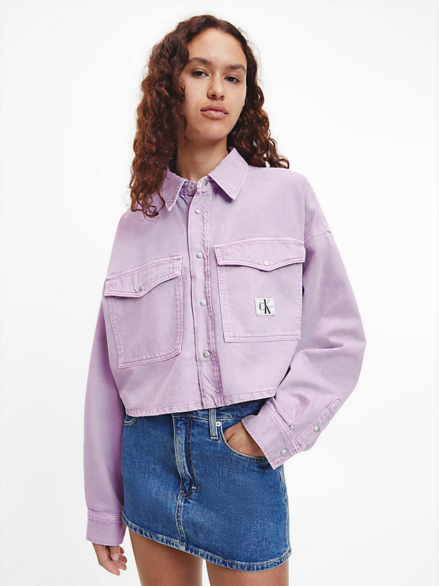 purple oversized cropped denim overhemd voor dames - calvin klein jeans