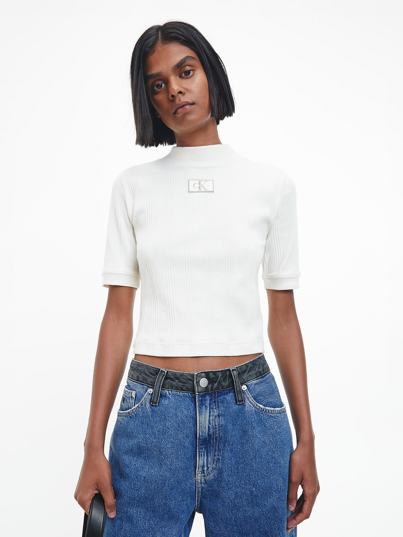 Ivory Slim Ribbed Short Sleeve Top undefined women Calvin Klein