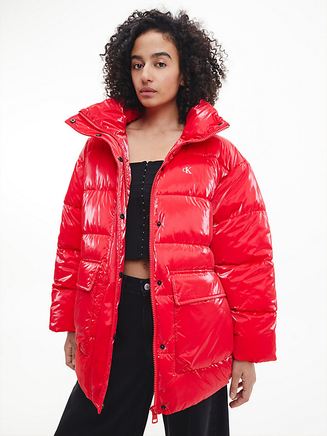 red oversized glossy puffer jacket for women calvin klein jeans