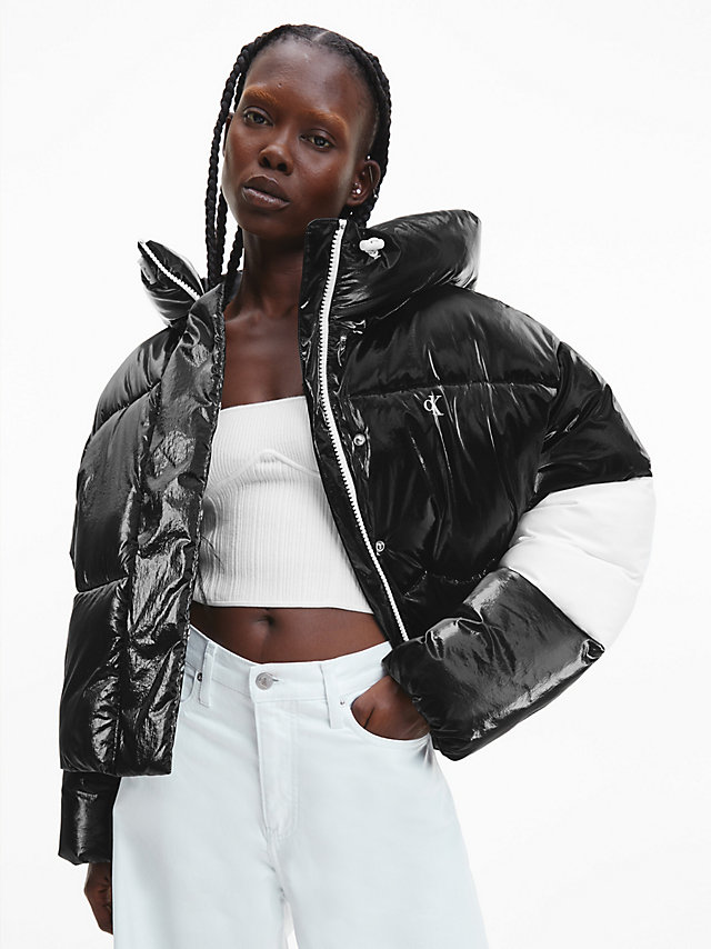 CK Black / Bright White Cropped Glossy Logo Puffer Jacket undefined women Calvin Klein