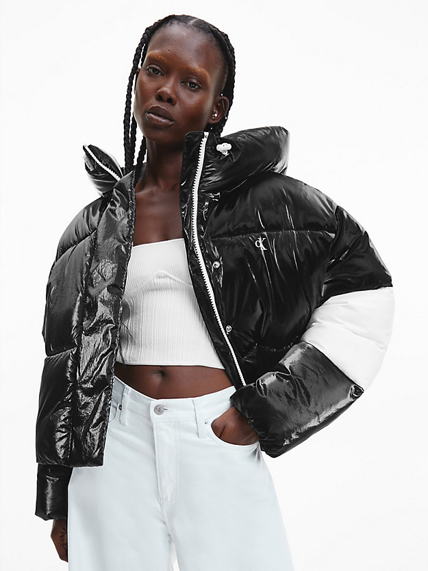 CK BLACK/ BRIGHT WHITE Cropped Glossy Logo Puffer Jacket for women CALVIN KLEIN JEANS