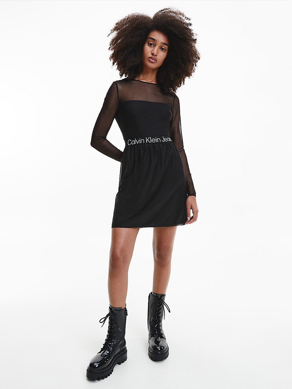 CK BLACK > Короткое расклешенное платье из сетки с отделкой логотип > undefined Женщины - Calvin Klein