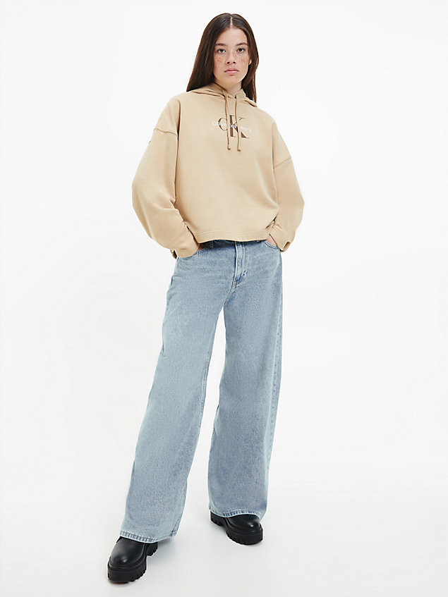 sudadera oversize con capucha y monograma beige de mujer calvin klein jeans