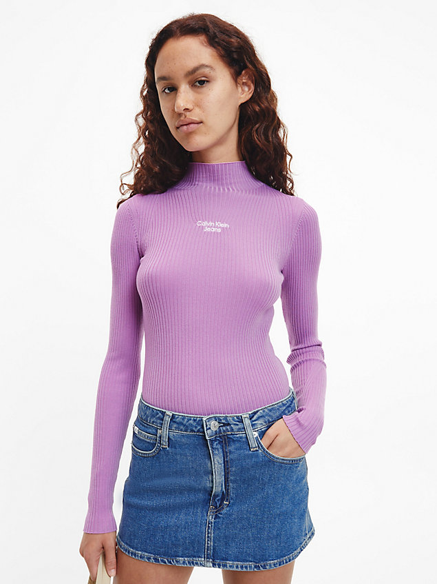 purple wąski sweter z dzianiny ściągaczowej dla kobiety - calvin klein jeans