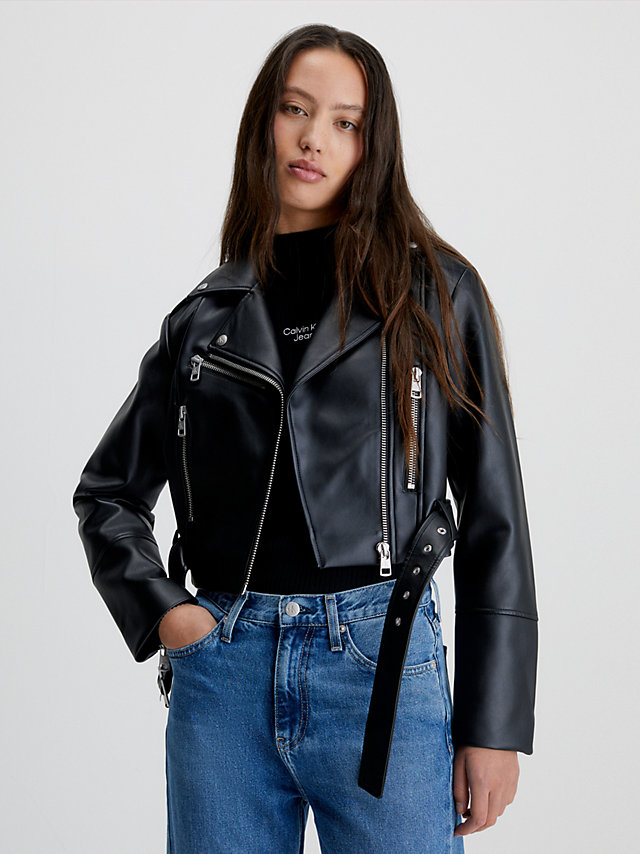 CK Black Cropped Faux Leather Biker Jacket undefined women Calvin Klein