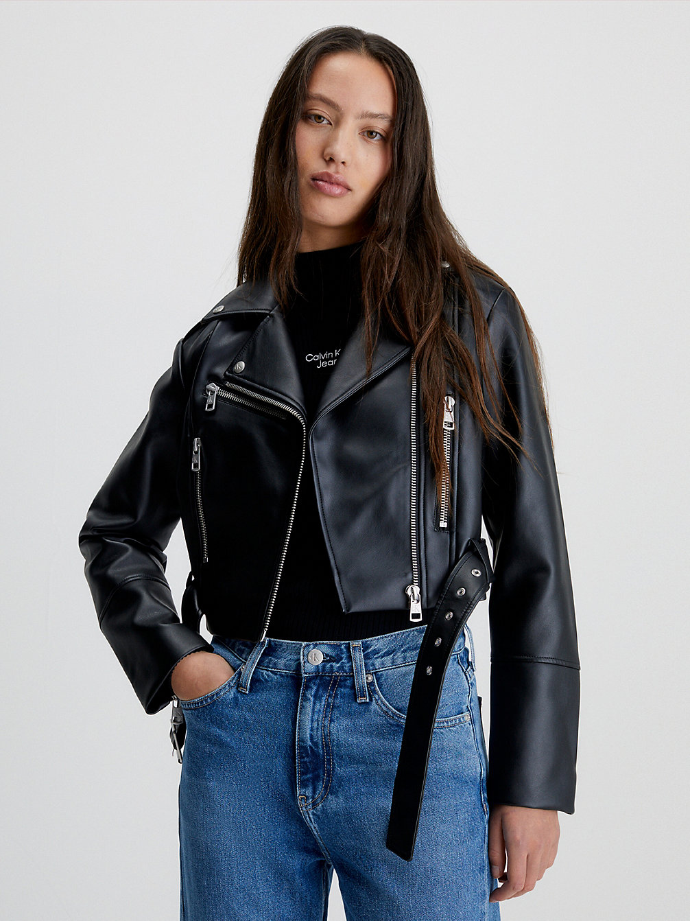 CK BLACK Cropped Faux Leather Biker Jacket undefined women Calvin Klein