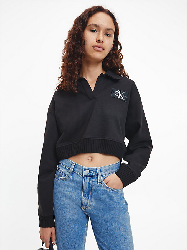 black polo-sweatshirt aus recycelter baumwolle für damen - calvin klein jeans