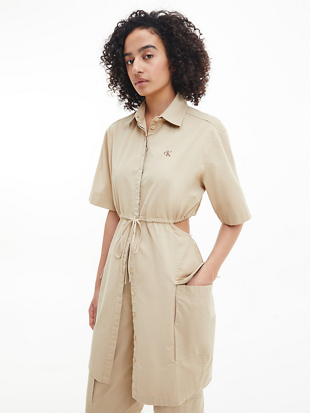 robe-chemise ajourée en sergé de coton beige pour femmes calvin klein jeans