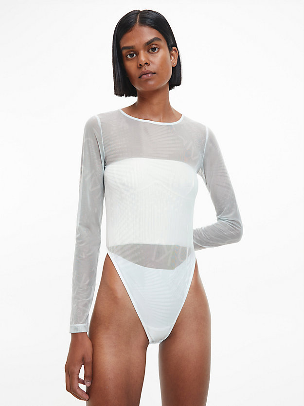disrupted logo aop ghost grey/white recycled mesh long sleeve bodysuit for women calvin klein jeans