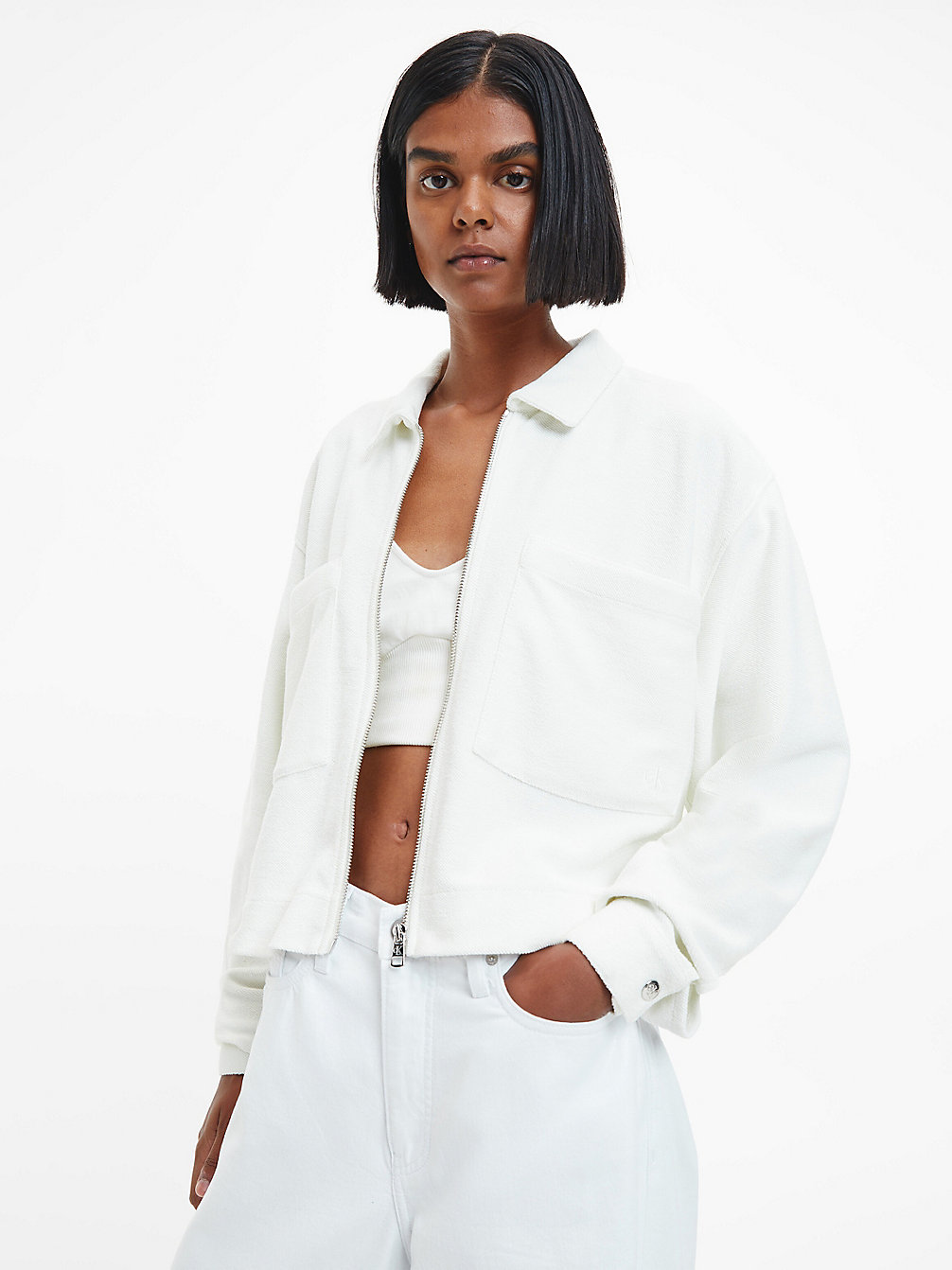 IVORY Cotton Terry Zip Up Shirt Jacket undefined women Calvin Klein