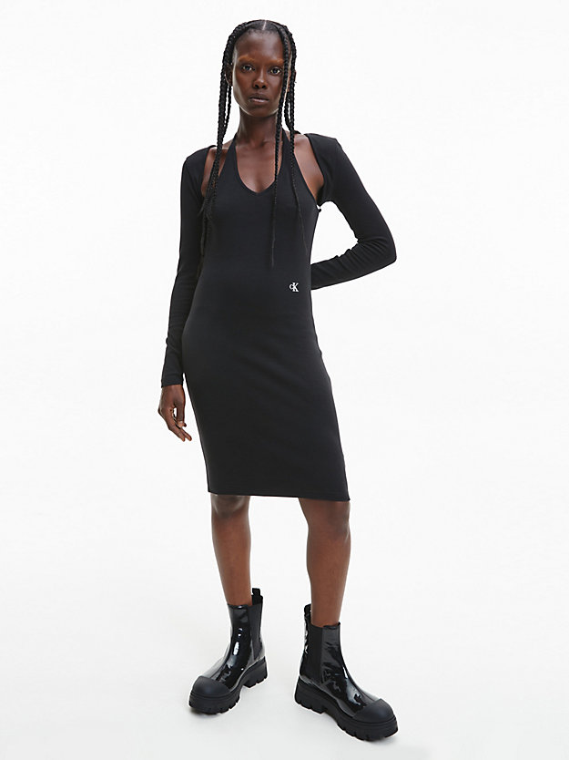 ck black 2-in-1 bodycon midi dress for women calvin klein jeans