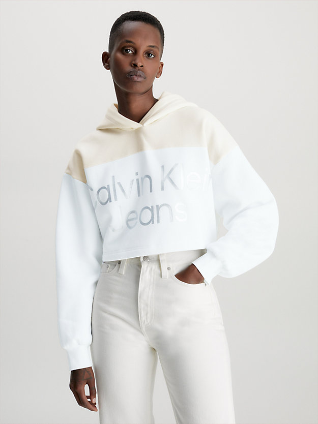 BRIGHT WHITE Glänzender Cropped Logo-Hoodie für Damen CALVIN KLEIN JEANS