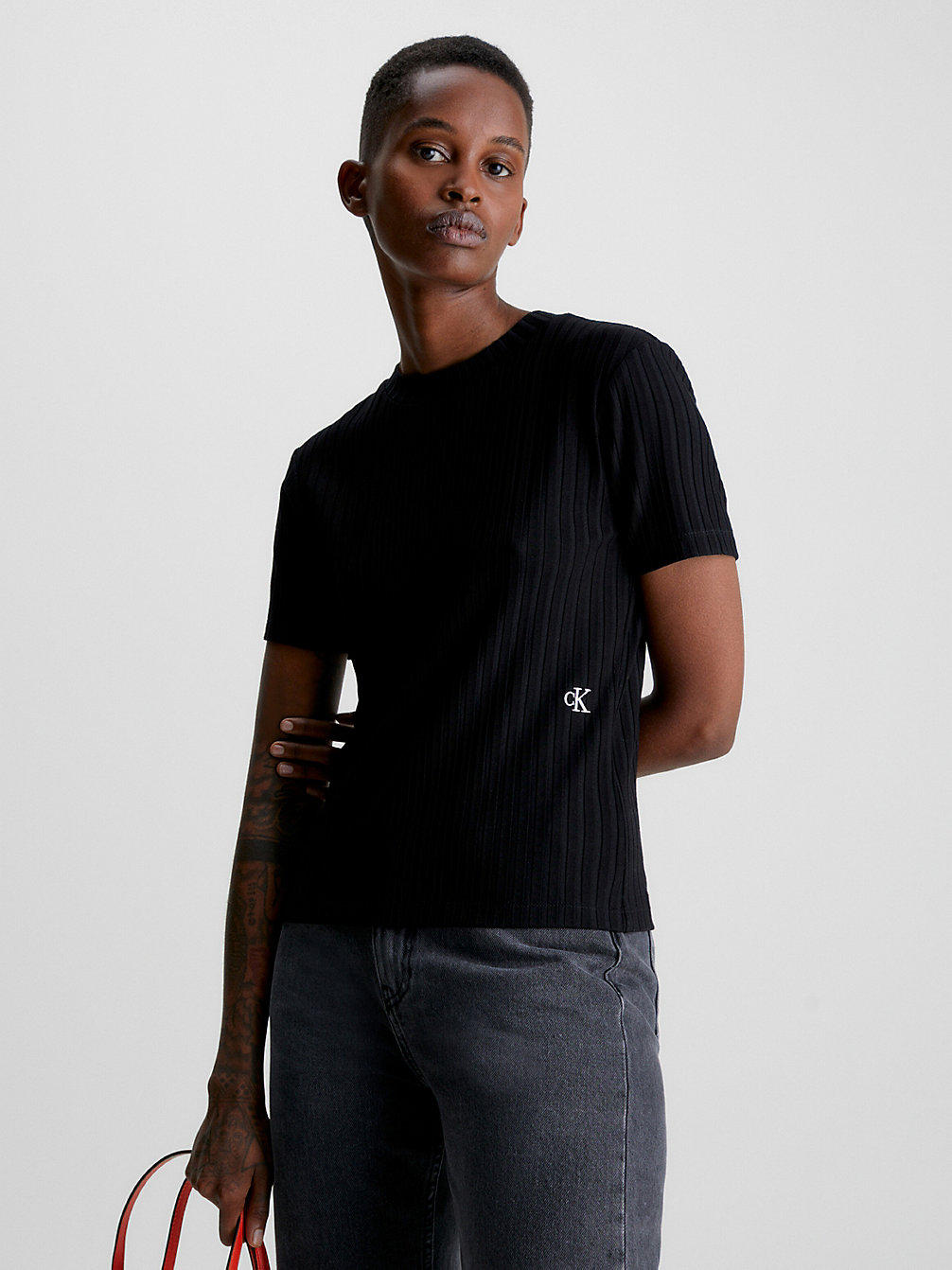 CK BLACK Geripptes Jersey-T-Shirt undefined Damen Calvin Klein