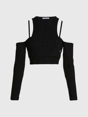 black double layer cut out top for women calvin klein jeans