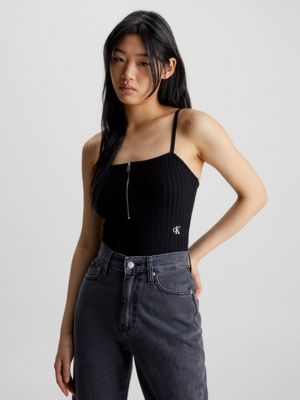CK BLACK Ribbed Jersey Zip Up Bodysuit undefined women Calvin Klein