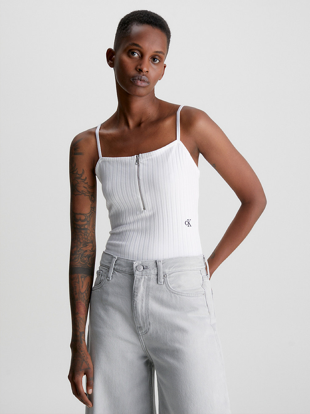 BRIGHT WHITE Ribbed Jersey Zip Up Bodysuit undefined women Calvin Klein