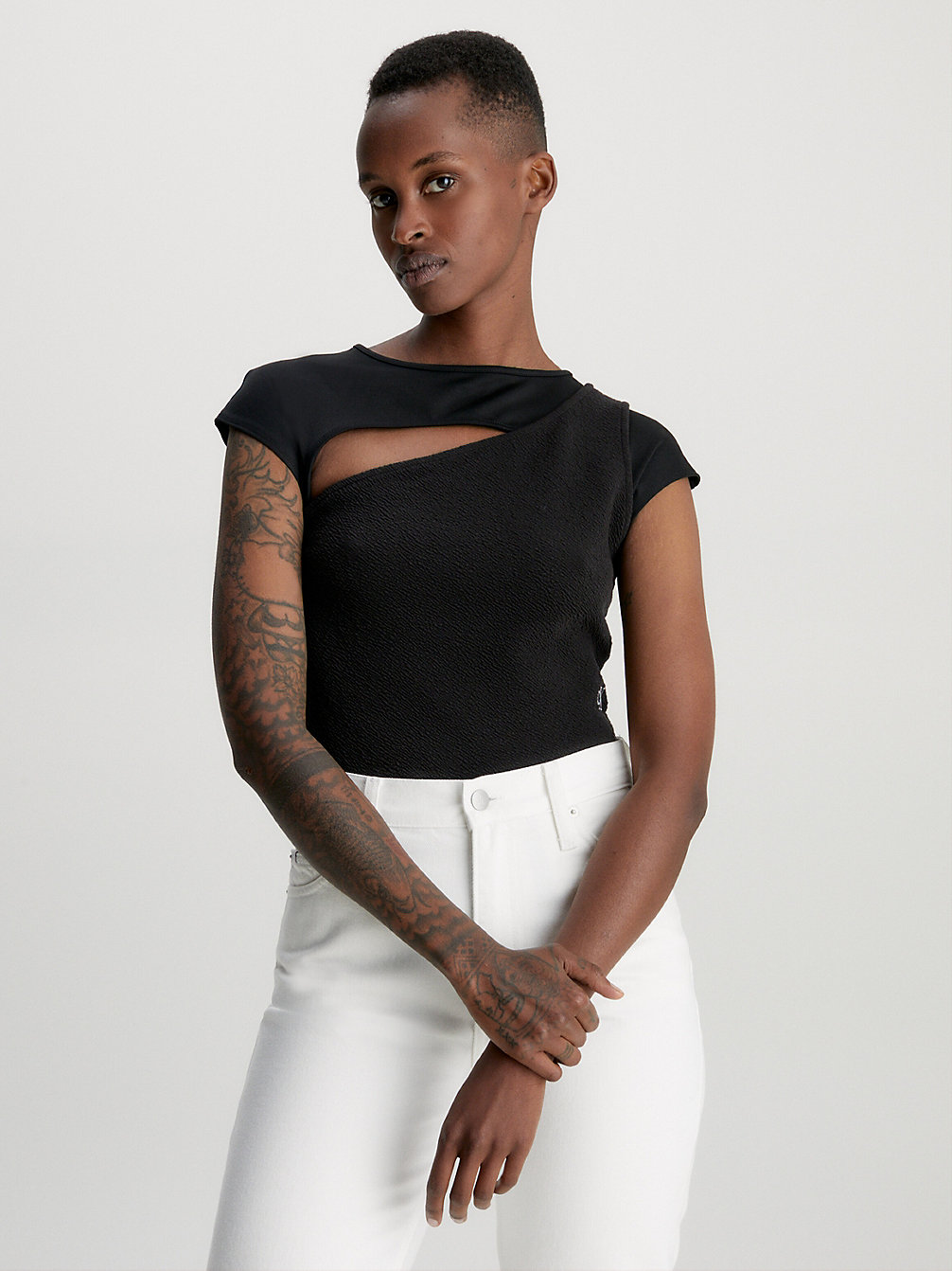 CK BLACK Seersucker Stretch Cut Out Top undefined women Calvin Klein