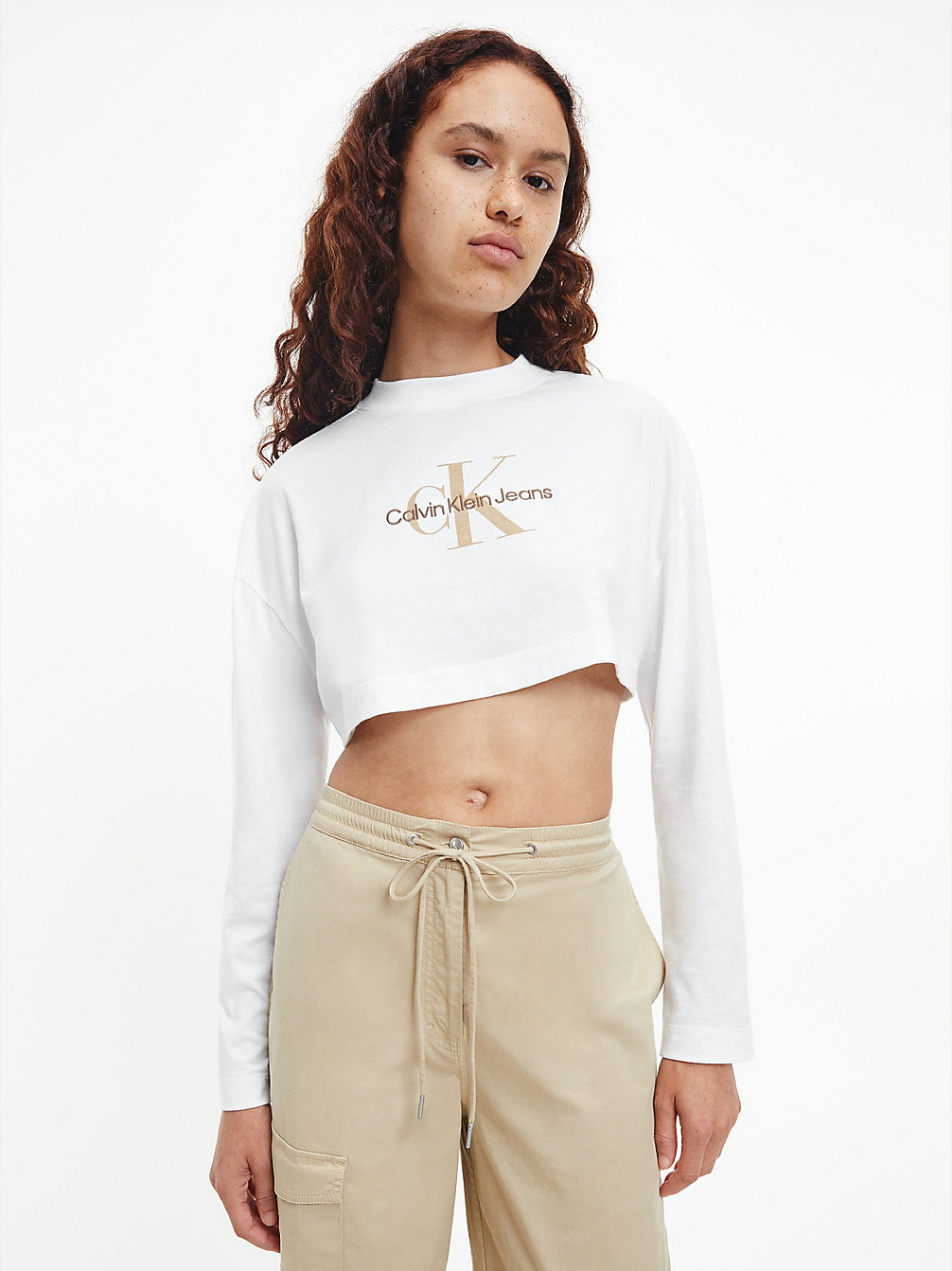 BRIGHT WHITE Cropped T-Shirt Met Lange Mouwen En Logo undefined dames Calvin Klein