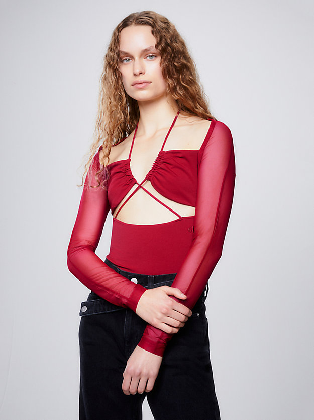 radiant red long sleeve cut out top for women calvin klein jeans