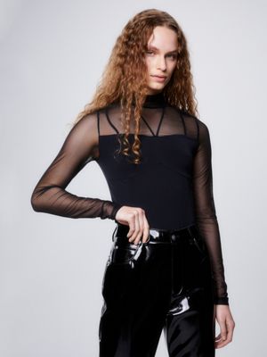 Women's Long-Sleeve Mesh Crepe Sweetheart Bodysuit, Women's Clearance