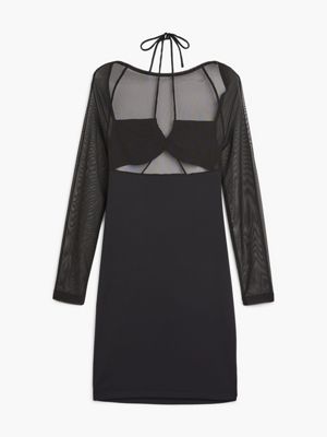 Missufe Bodycon vrijetijdsjurk voor dames, nauwe hoekige hals, lange mouwen, basic, nauwsluitende jurk