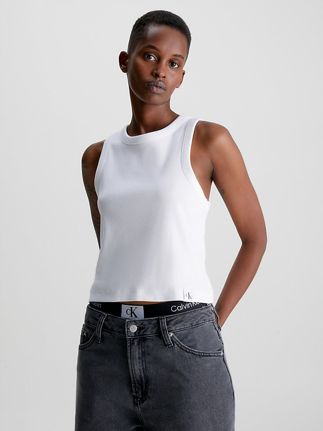 camiseta de tirantes de canalé de algodón white de mujer calvin klein jeans