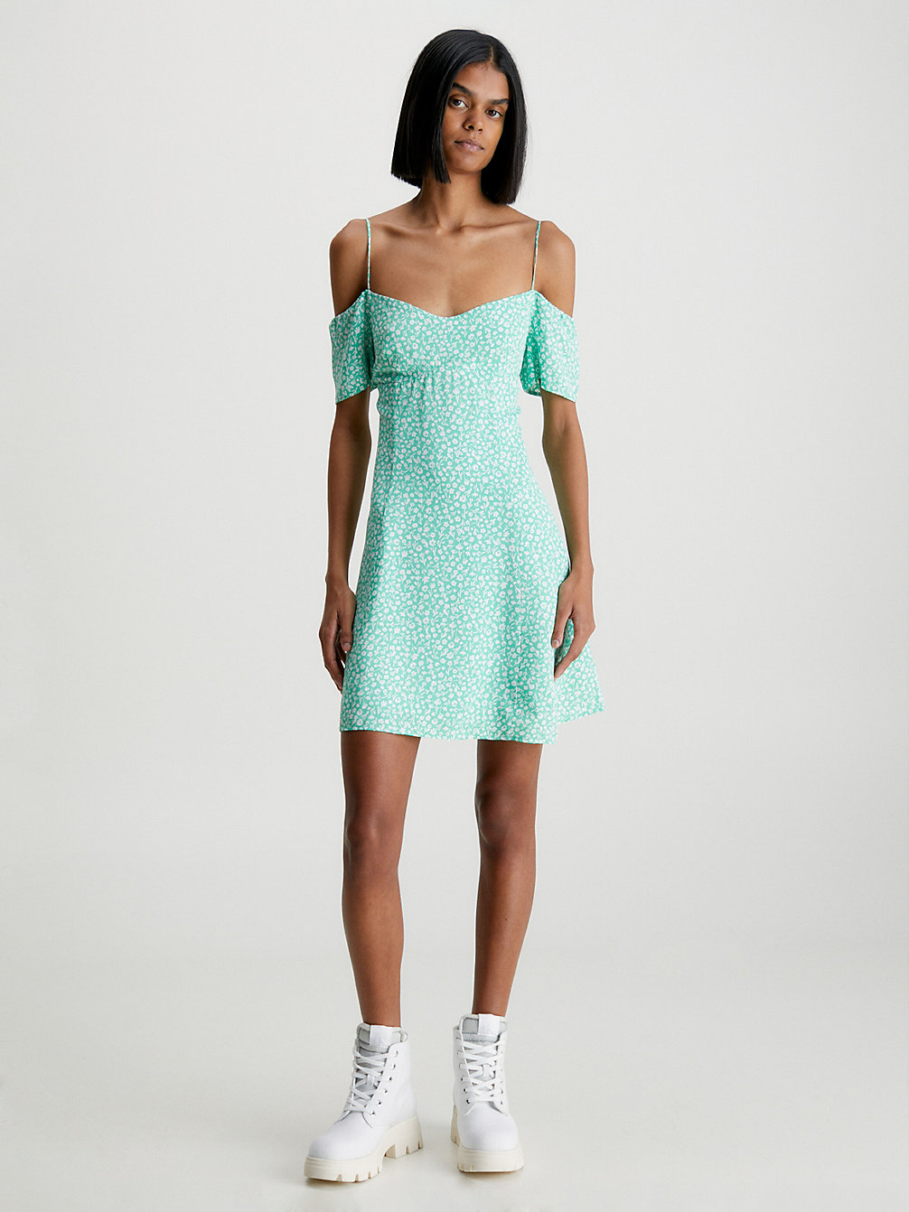 DITSY FLORAL GREEN AOP Crepe Off-Shoulder Mini Dress undefined women Calvin Klein