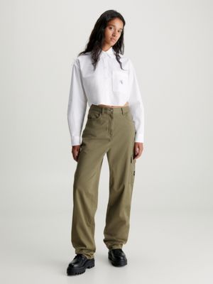 Olive Cotton Pants - High-Waist Cargo Pants - Straight Leg Pants