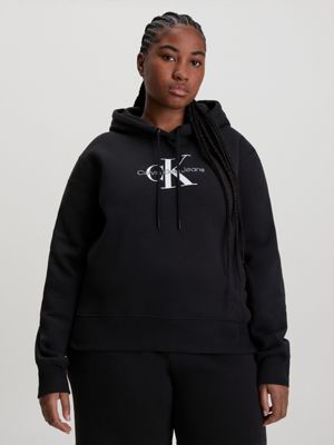 sudadera de felpa de mezcla de algodón con capucha black de mujeres calvin klein jeans