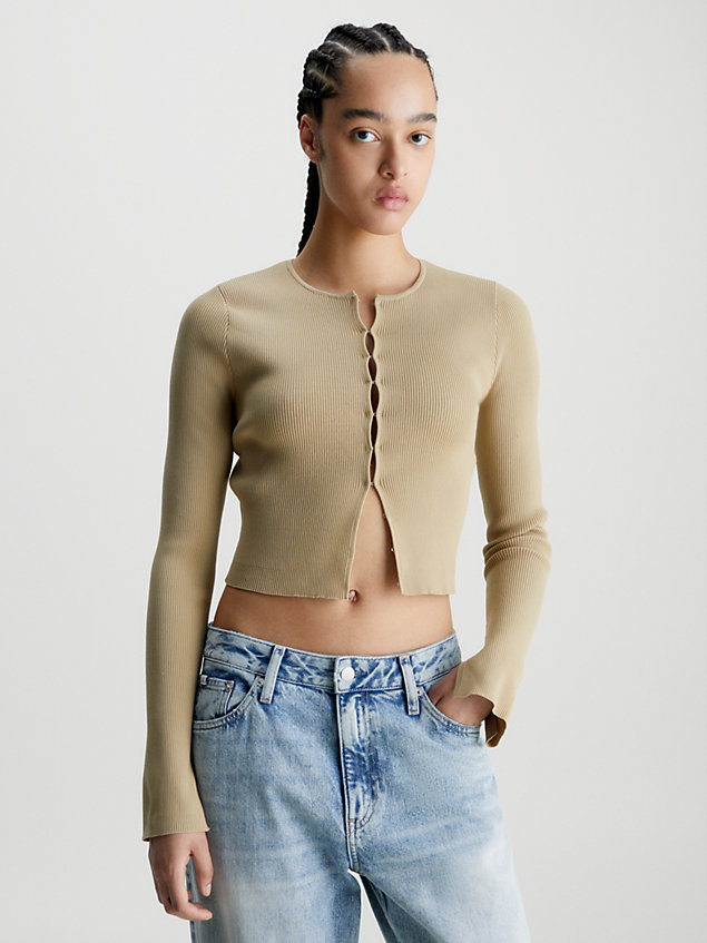 beige cropped hook and eye cardigan for women calvin klein jeans