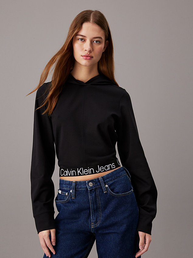 black hoodie aus milano-jersey mit logo tape für damen - calvin klein jeans