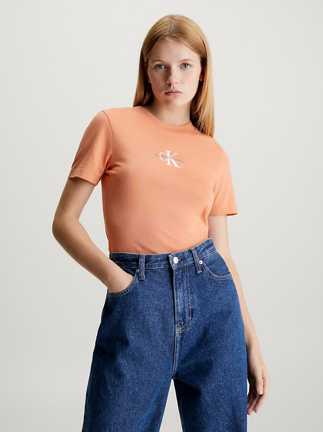 camiseta de algodón con monograma orange de mujer calvin klein jeans