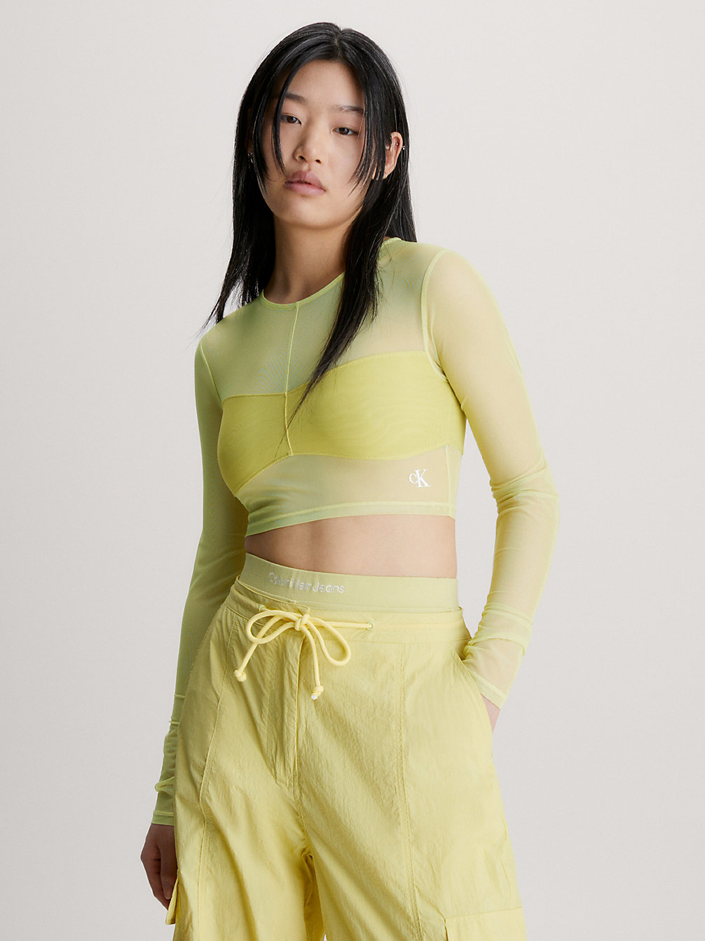 YELLOW SAND Mesh Long Sleeve Cropped Top undefined women Calvin Klein
