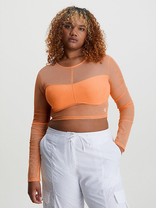 crushed orange cropped mesh top met lange mouwen voor dames - calvin klein jeans