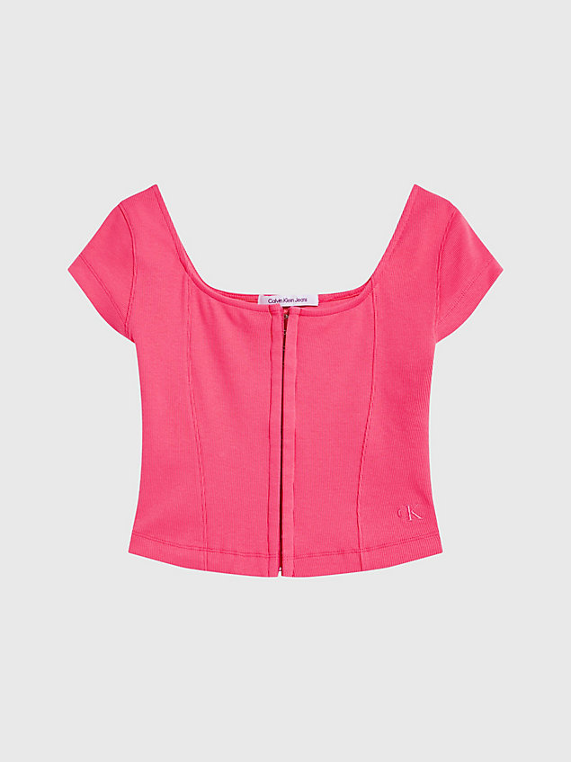pink t-shirt ze ściągaczowej bawełny z zapięciem na haftkę dla kobiety - calvin klein jeans