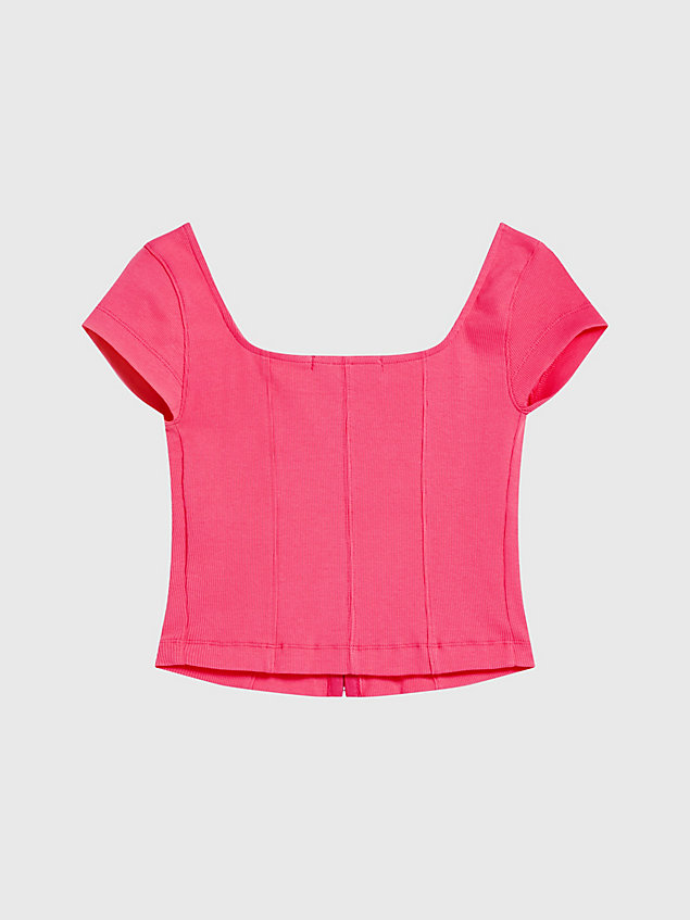 pink t-shirt ze ściągaczowej bawełny z zapięciem na haftkę dla kobiety - calvin klein jeans