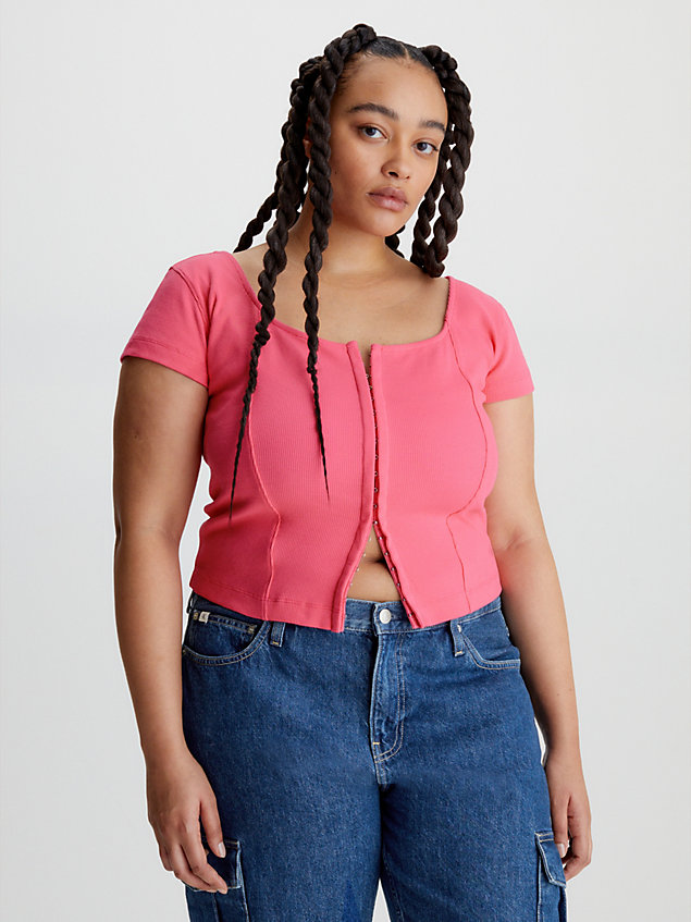 camiseta con corchete de canalé de algodón pink de mujer calvin klein jeans