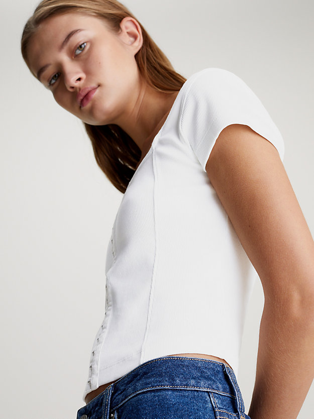 BRIGHT WHITE Camiseta con corchete de canalé de algodón de mujer CALVIN KLEIN JEANS