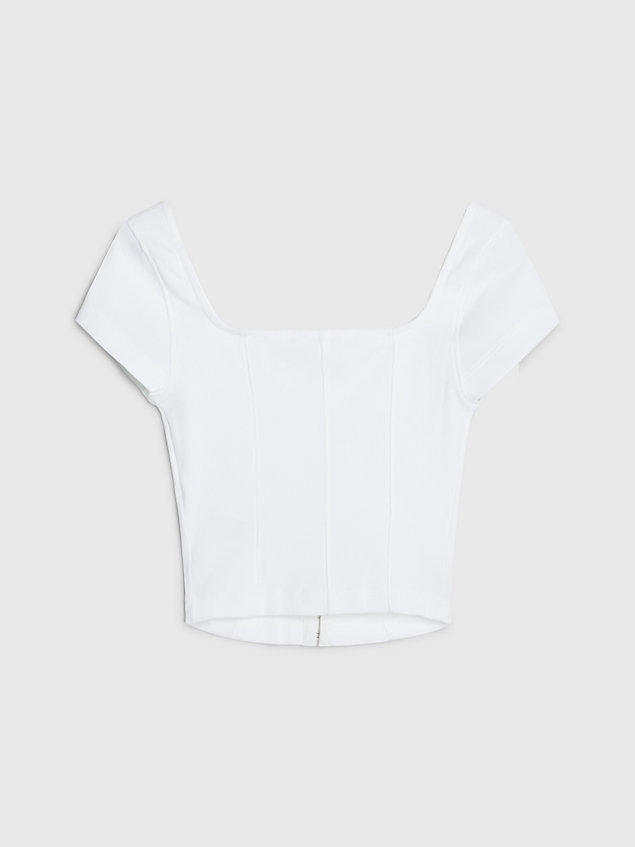 white t-shirt aus gerippter baumwolle mit ösen- und hakenverschluss für damen - calvin klein jeans