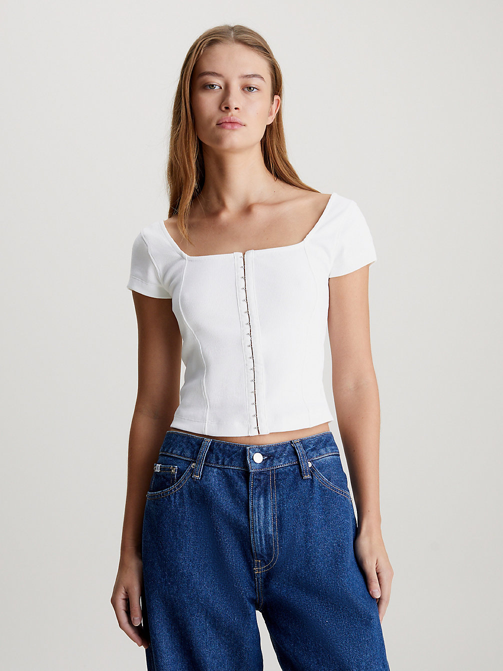 BRIGHT WHITE > T-Shirt Aus Gerippter Baumwolle Mit Ösen- Und Hakenverschluss > undefined Damen - Calvin Klein