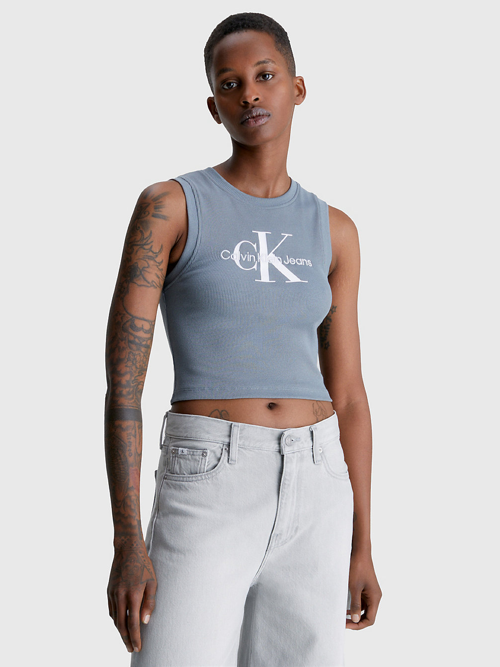 OVERCAST GREY Cropped Monogramm-Tanktop undefined Damen Calvin Klein