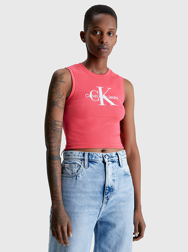 camiseta de tirantes cropped con monograma pink de mujer calvin klein jeans